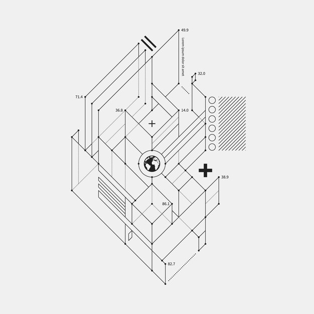 Disegno tecnico con globo terrestre