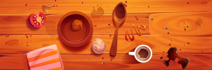 Vettore gratuito disordinato cucina cuoco tavolo top view vettoriale illustrazione cartone animato tavolo sporco con salsa spruzzo oggetti di cottura sulla superficie del legno disastro impuro sulla scrivania dopo cena a casa preparazione principiante
