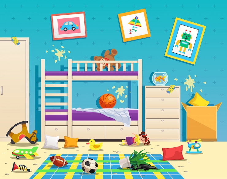Vettore gratuito disordinato interno camera per bambini con macchie di sporco sul muro e giocattoli sparsi sul pavimento piano