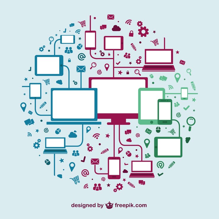 Vettore gratuito dispositivi di tecnologia modello di interazione sociale dei media