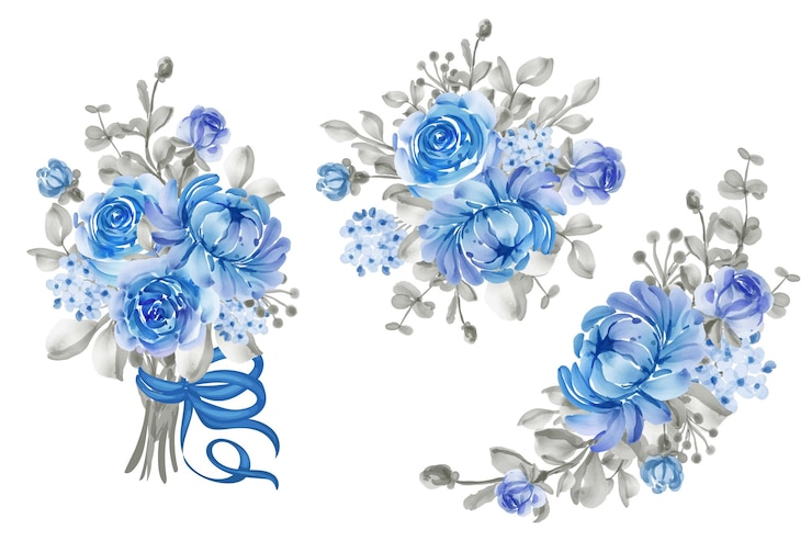 Vettore gratuito disposizione floreale e bouquet di fiori blu e grigio per il matrimonio