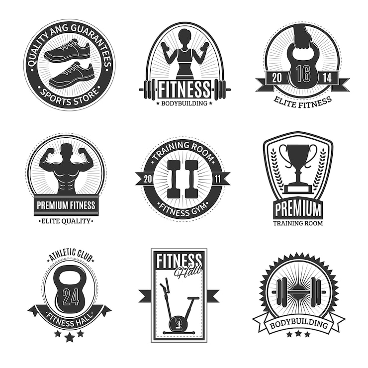 Vettore gratuito distintivi di fitness club in bianco e nero