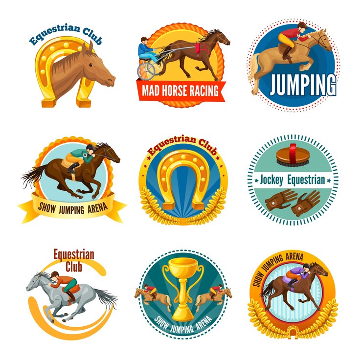 Vettore gratuito distintivo e loghi colorati di sport equestri