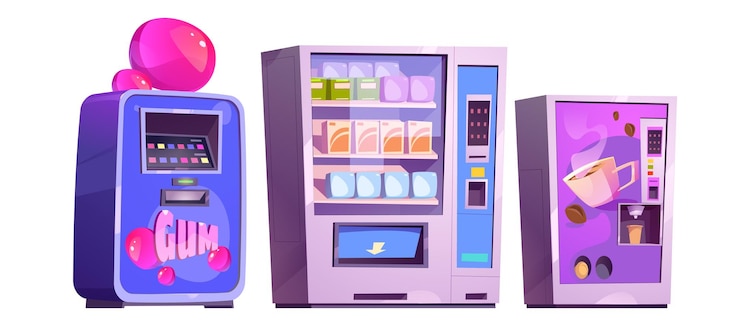 Vettore gratuito distributori automatici di snack di gomme da masticare e caffè attrezzature per il servizio automatico di cibi e bevande comodi distributori automatici di vendita al dettaglio pieni di confezioni di prodotti vettore di cartoni animati