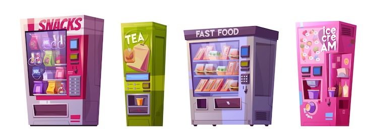 Vettore gratuito distributori automatici di snack fast food, tè e gelati attrezzature per la vendita automatica di pasti e bevande set vettoriale di cartoni animati di distributori automatici al dettaglio pieni di un vasto assortimento di prodotti