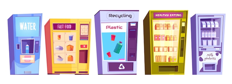 Vettore gratuito distributori automatici per il riciclaggio di plastica, acqua, snack fastfood, prodotti lattiero-caseari e vendita al dettaglio di alimenti sani. servizio fornitore, concetto di business automatico. illustrazione del fumetto, set di icone isolato