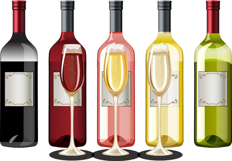 Vettore gratuito diverse bottiglie di vino e bicchieri