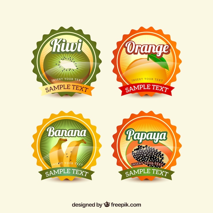 Vettore gratuito diverse etichette di frutta rotonde