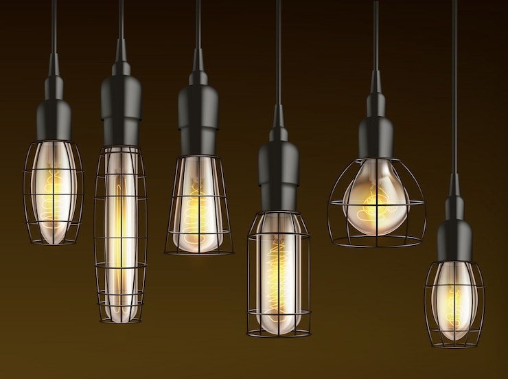 Vettore gratuito diverse forme e dimensioni appese, lampadine a incandescenza vintage con filamenti di filo riscaldato e reticolo realistico gabbia metallica reticolo impostato. illuminazione esterna della lampada, garage e posto auto coperto che brilla nell'oscurità