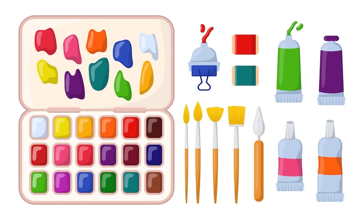 Vettore gratuito diverse forniture d'arte per la pittura di illustrazioni vettoriali impostate