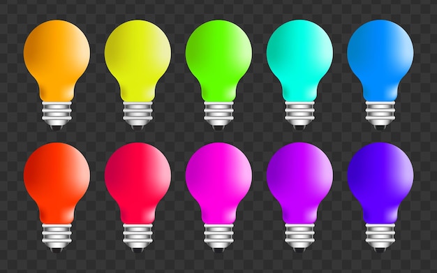 Diverse nuove idee - Fila di lampadine colorate isolate su superficie trasparente