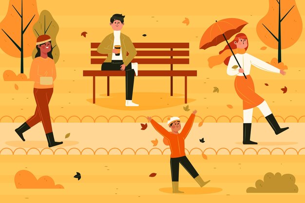 Diverse persone che camminano nel parco in autunno