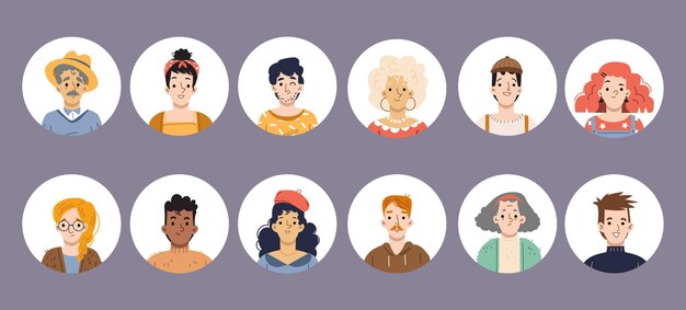 Diverse persone rotonde avatar icone isolate con volti di giovani e vecchi personaggi maschili e femminili Uomini o donne con diverse età aspetto e colore dei capelli Set di ritratti vettoriali piatti lineari