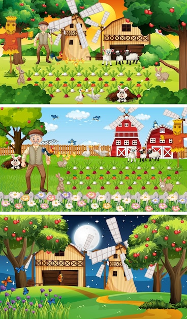 Diverse scene di fattoria con il vecchio contadino e il personaggio dei cartoni animati degli animali