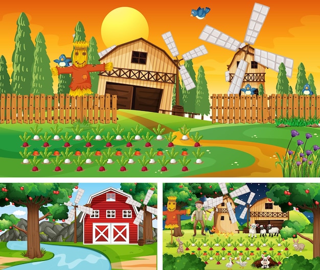 Diverse scene di fattoria con personaggio dei cartoni animati di animali da fattoria