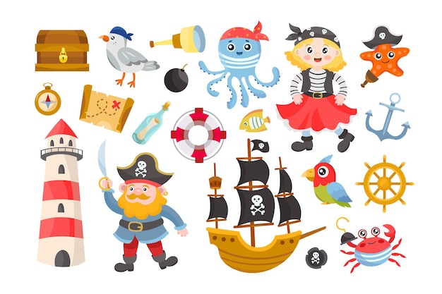 Diversi elementi pirata per set di illustrazioni vettoriali piatte per bambini. Capitano della nave dei cartoni animati, personaggio femminile, mappa del tesoro e petto, carino, granchio, animali sottomarini, ancora, faro. Concetto di avventura