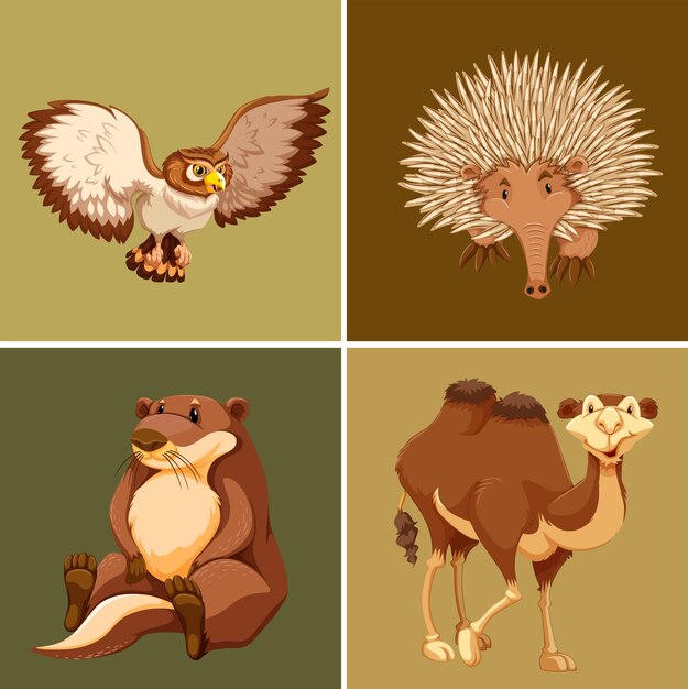 Diversi tipi di animali selvatici su sfondo marrone