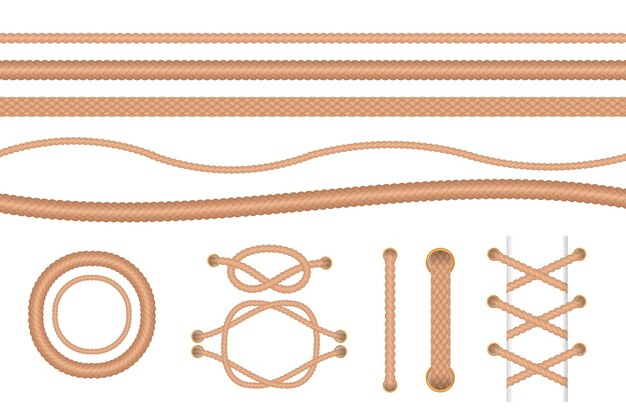 Diversi tipi di illustrazioni vettoriali di corda impostate. Raccolta di disegni animati di nodi e anelli marini, bordo nautico isolato su priorità bassa bianca. Decorazione, consistenza, concetto di moda