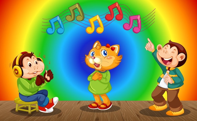 Divertente personaggio dei cartoni animati di scimmie su sfondo sfumato arcobaleno