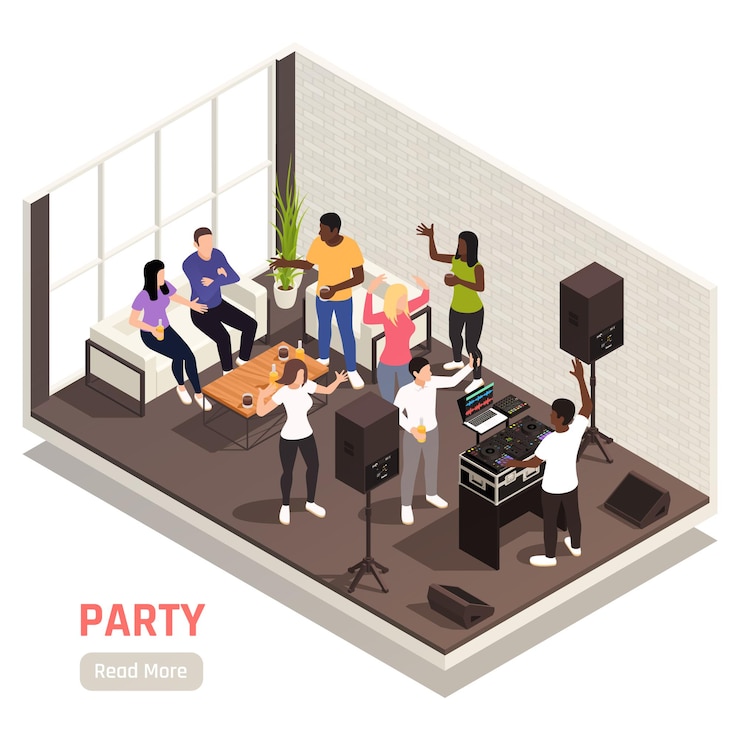 Vettore gratuito dj aziendale divertente team building composizione interna isometrica del partito con apparecchiature musicali che parlano di gente che balla