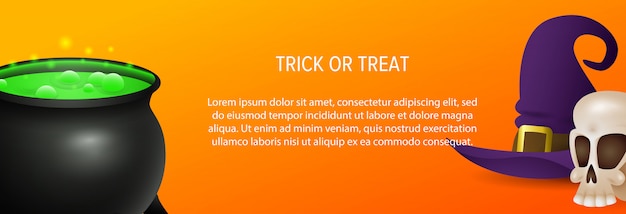 Dolcetto o scherzetto con calderone di pozione, cappello da strega e bandiera del cranio