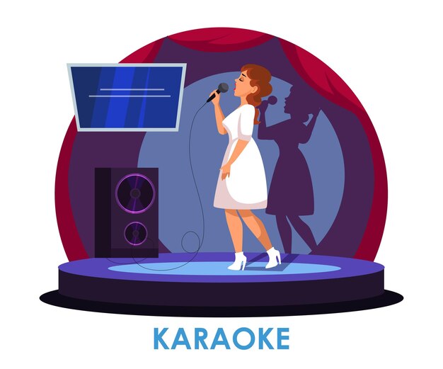 Donna cantante karaoke o pop star che si esibisce sul palco sotto i riflettori Giovane ragazza attraente che mostra espressiva cantante musicale che partecipa a talent show o concerti dal vivo