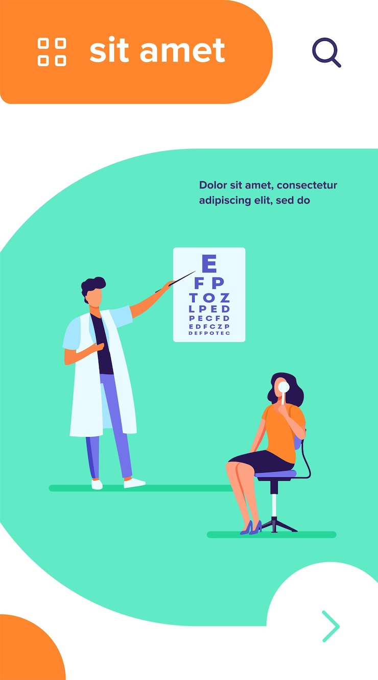 Vettore gratuito donna che esamina gli occhi con l'aiuto dell'oftalmologo. oculista, lettera, illustrazione vettoriale piatto ospedale