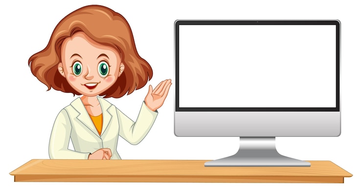 Vettore gratuito donna che fa una presentazione al banco del computer