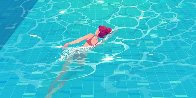 Donna che nuota in piscina vista dall'alto, giovane ragazza che nuota