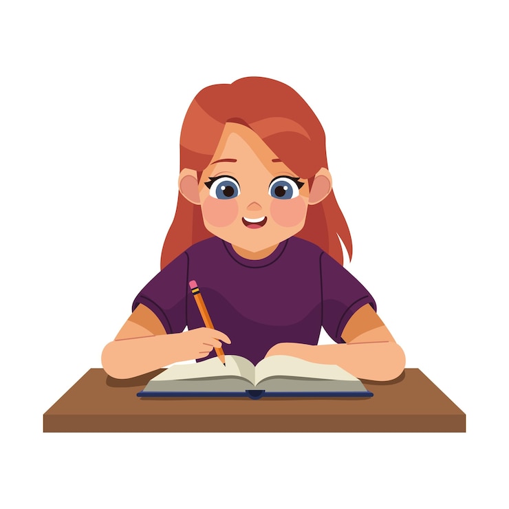 Vettore gratuito donna che studia e scrive con una matita isolata