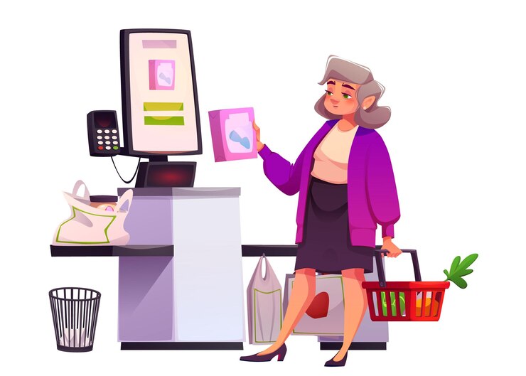 Vettore gratuito donna che usa un chiosco di self-checkout nel supermercato
