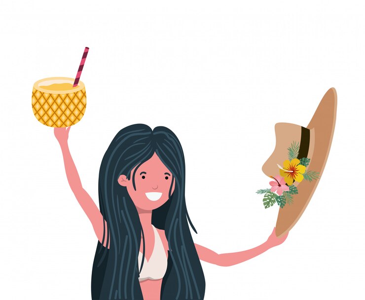 Vettore gratuito donna con costume da bagno e ananas cocktail in mano