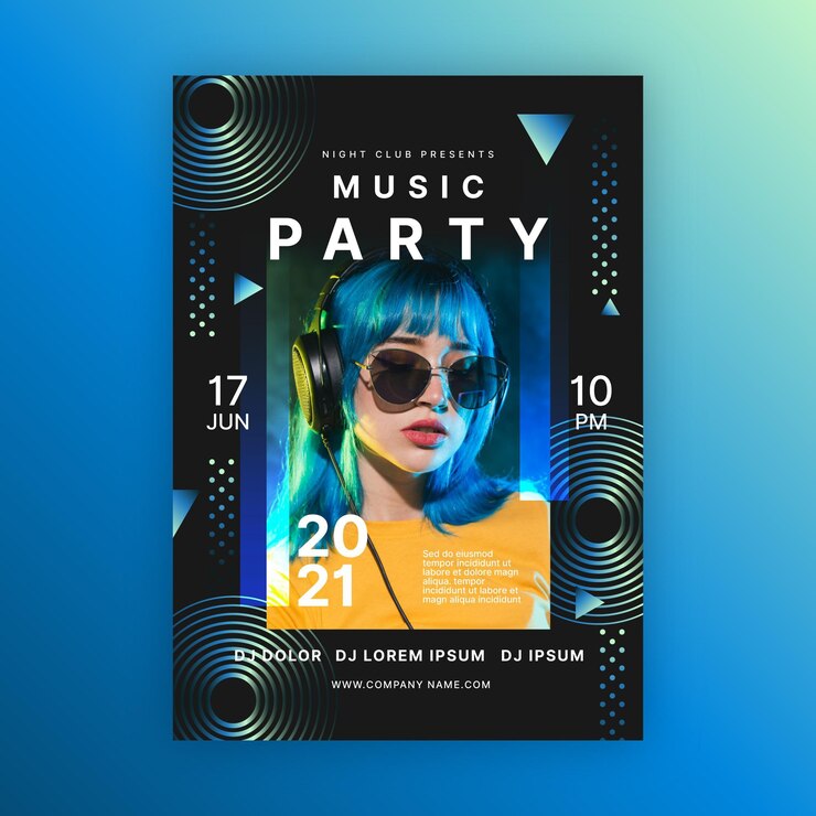 Vettore gratuito donna con modello di poster di eventi musica capelli blu