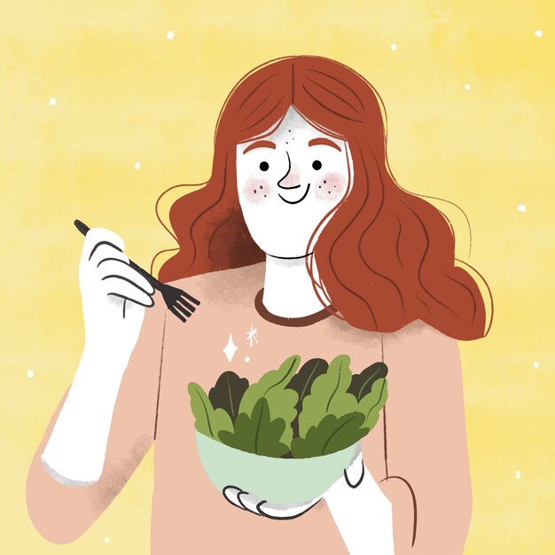 Donna disegnata a mano che mangia insalata illustrazione