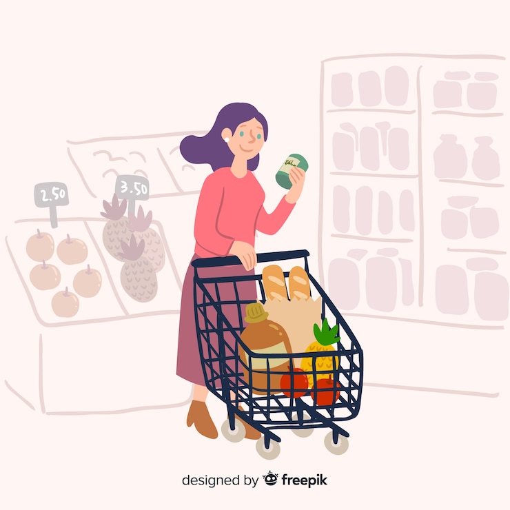 Vettore gratuito donna disegnata a mano sullo sfondo del supermercato