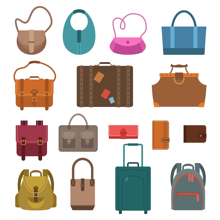 Vettore gratuito donna moda e bagaglio sacchetti icone colorate impostare illustrazione vettoriale isolato.