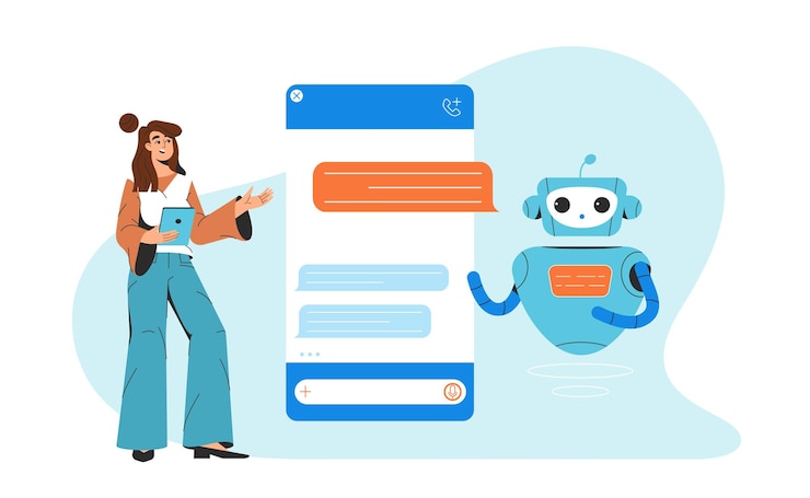Vettore gratuito donna piatta che chatta con chatbot che comunica con l'assistente robot ai