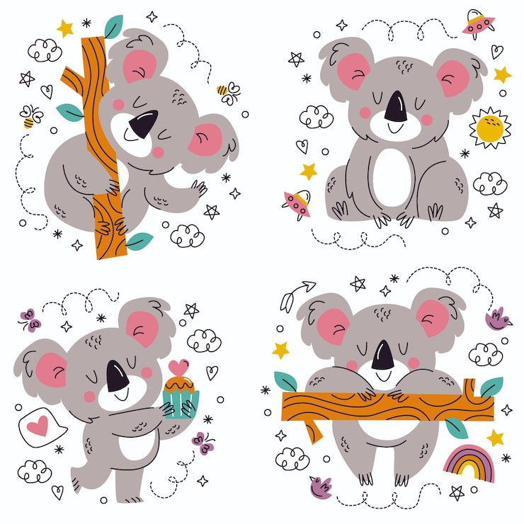 Vettore gratuito doodle adesivi koala disegnati a mano