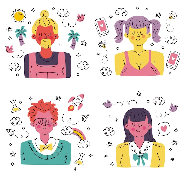 Doodle collezione di adesivi avatar disegnati a mano