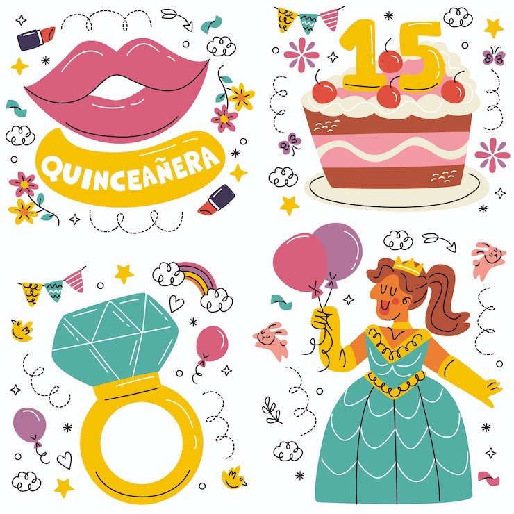 Vettore gratuito doodle collezione di adesivi quinceanera