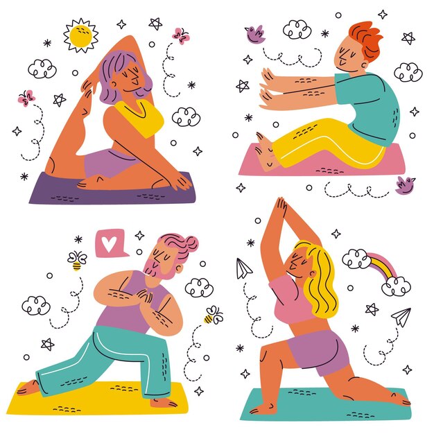 Doodle collezione di adesivi yoga disegnati a mano