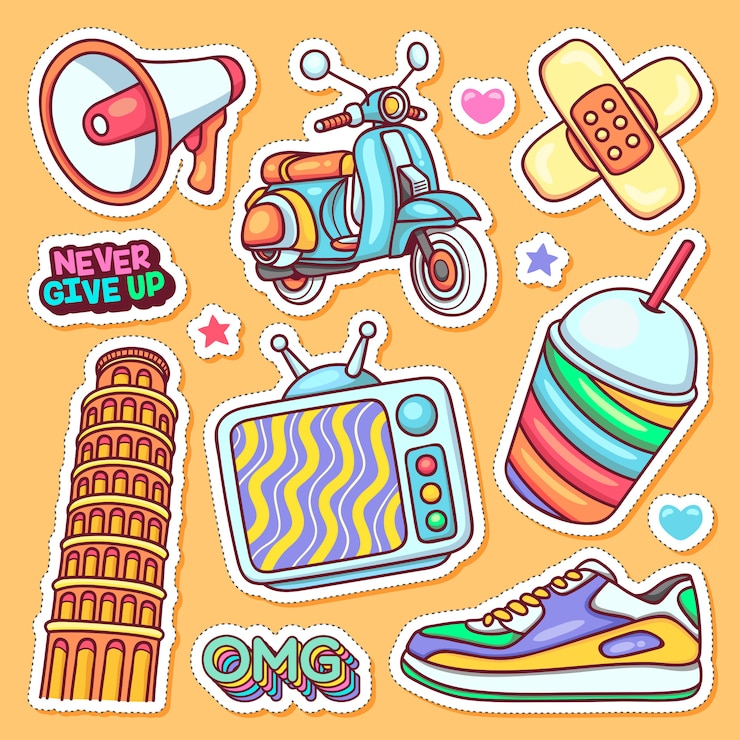 Vettore gratuito doodle disegnato a mano delle icone dell'autoadesivo