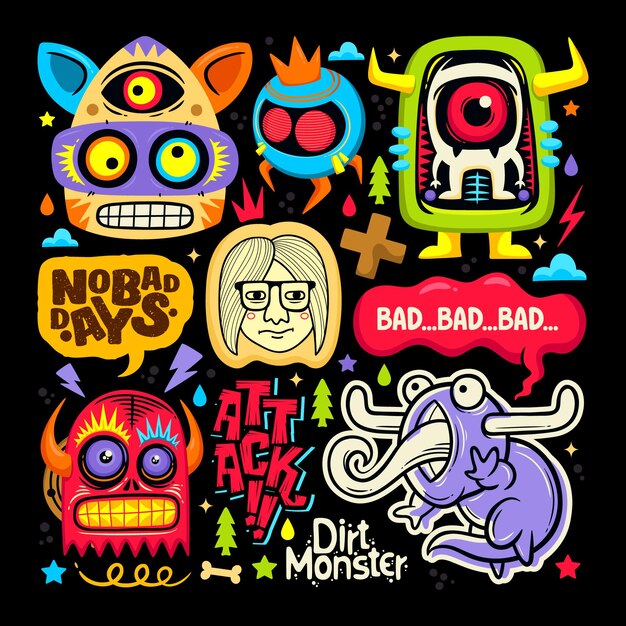 Doodle icone di adesivo mostro sveglio disegnato a mano da colorare Vector