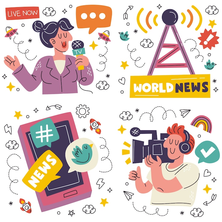 Vettore gratuito doodle raccolta di adesivi di notizie/giornalismo