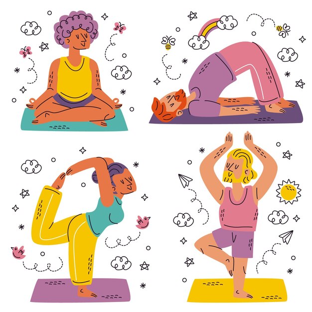 Doodle set di adesivi yoga disegnati a mano