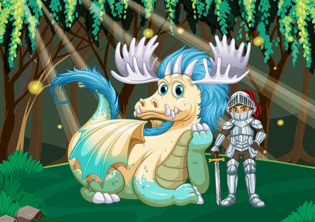 Drago e cavaliere sullo sfondo della foresta incantata
