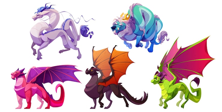 Vettore gratuito drago fantasy magico impostato per l'illustrazione del fumetto del gioco delle fiabe asset di clipart del personaggio del mostro di mosca isolato con le ali in marrone verde e rosa collezione di disegni di dinosauri mitici antichi