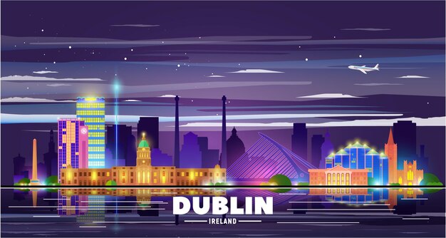 Dublino, (Irlanda) città notte skyline illustrazione vettoriale sfondo bianco. Concetto di viaggio d'affari e turismo con edifici moderni. Immagine per presentazione, banner, sito web.
