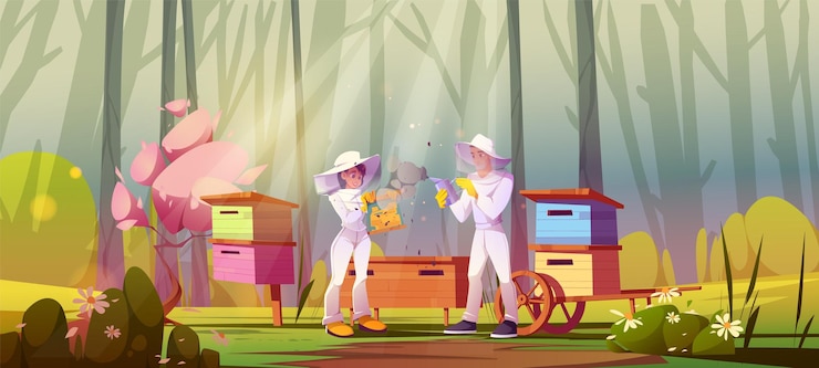 Vettore gratuito due apicoltori usano il fumo per trattare la cornice con alveari vicino all'apiario nella foresta illustrazione vettoriale di cartone animato del paesaggio boschivo con lavoratori apicoltori uomo e donna di fattoria del miele in cappelli protettivi