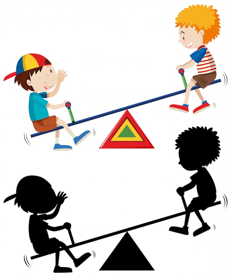 Vettore gratuito due bambini che giocano a altalena con la sua silhouette